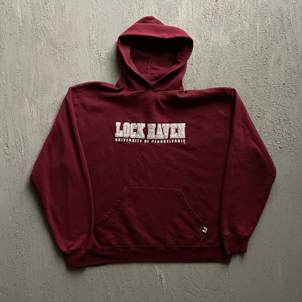 Vintage Russell Athletic Lock Haven University Hoodie Mens Large Red 90s